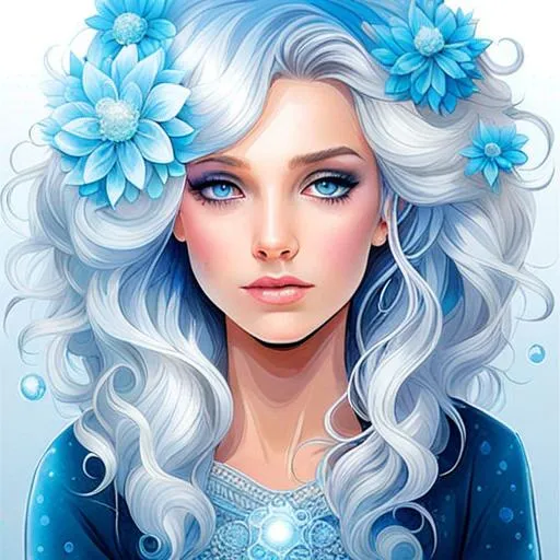 Prompt: young girl, covered in frost, bashful hypnotic sapphire blue eyes, calm bashful smile, gorgeous silver hair, blue flower in her hair