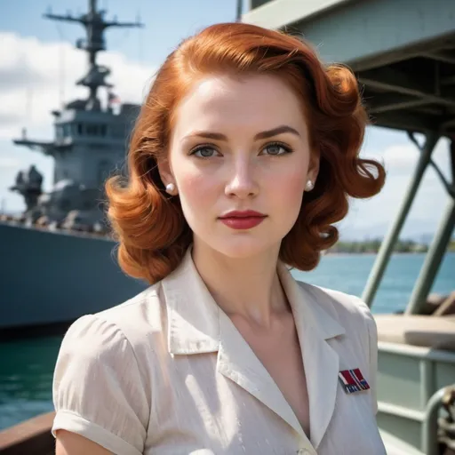 Prompt: 
In the bustling harbor of Pearl Harbor, amidst the backdrop of naval vessels and bustling activity, stands a striking woman who exudes the essence of the era.

With fiery red hair cascading down her shoulders in soft waves, she embodies the timeless elegance of the 1940s. Her hair catches the sunlight, creating a halo of warmth around her and drawing attention to her captivating features.

Her porcelain skin is flawless, with a hint of a sun-kissed glow from spending long days under the Hawaiian sun. Her face is framed by softly arched eyebrows and long lashes that accentuate her piercing eyes, which sparkle with intelligence and determination.

Dressed in a vintage ensemble reminiscent of the World War II era, she wears a tailored blouse with a high neckline and short sleeves, adorned with a patriotic print of stars and stripes. A fitted pencil skirt cinches at her waist, accentuating her hourglass figure, while a pair of classic pumps add a touch of sophistication to her look.

Around her neck, she wears a string of pearls, a timeless accessory that adds a touch of glamour to her ensemble. The pearls catch the light and glimmer softly against her skin, adding to her allure and elegance.

In her demeanor, she exudes confidence and poise, carrying herself with the grace and dignity befitting a woman of her era. Her gaze is steady and unwavering, reflecting a quiet strength and resilience that belies her delicate appearance.

As she watches the comings and goings in the harbor, her mind is filled with thoughts of duty, honor, and patriotism. She is a symbol of the women who played a vital role on the homefront during World War II, supporting the war effort with courage and determination.

Overall, she is a vision of timeless beauty and strength, embodying the spirit of the Pearl Harbor era with her red hair, vintage attire, and unwavering resolve. She stands as a reminder of the indomitable spirit of those who lived through one of the defining moments of the 20th century. 