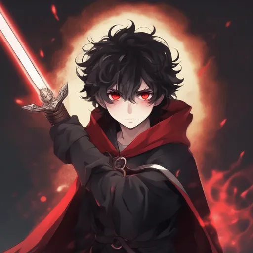 Prompt: Anime character, cool, magical eyes, boy, medieval, wearing a cloak, with red glowing eyes and black curly hair with wand and sword and a scar over the eye