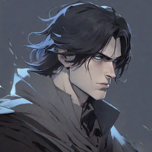 Prompt: brooding young man, pale skin, blue and black eyes, sharp features, long uneven black hair with heavy bangs, exhausted, bookish, menacing, magic, black cloak, concept art, epic lighting, finely-tuned, octane rendering