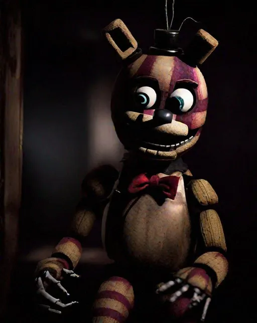 Prompt: 
Take a photo of The Puppet from five nights at Freddy's . The photo should be in the style of Tim Burton, with a dark and twisted aesthetic.