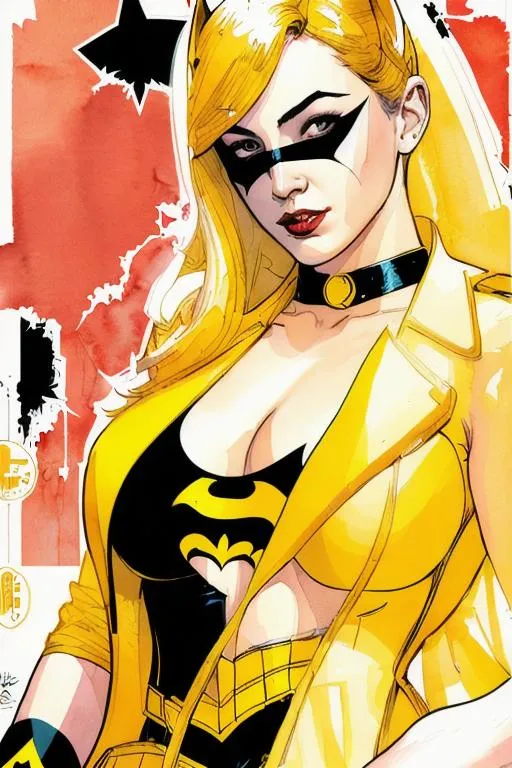 Prompt: a masterpiece, sticker of a batgirl/supergirl from dc comic wearing alternate yellow costume, coy and alluring, full body, Kim Jung gi, freedom, soul, digital illustration, comic style, cyberpunk, perfect anatomy, centered, approaching perfection, dynamic, highly detailed, watercolor painting, artstation, concept art, smooth, sharp focus, illustration, art by Carne Griffiths and Wadim Kashin, unique, award winning, masterpiece