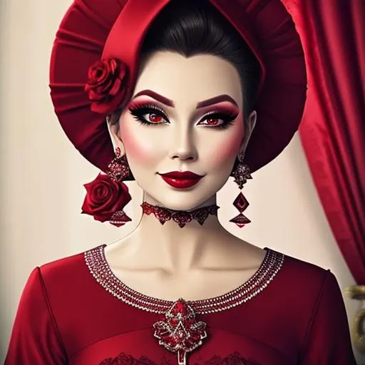 Prompt: Ruby lady-lady all in red, pretty makeup, elegant, nice clothes, facial closeup