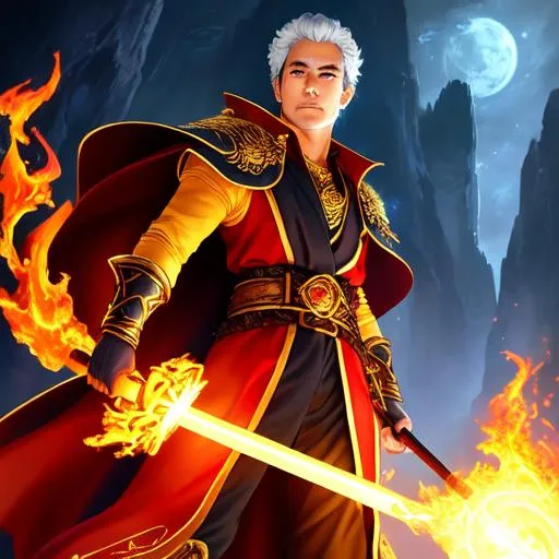 Prompt: Full-body detailed masterpiece, fantasy, high-res, quality upscaled image, perfect composition, head shot, subject of this image is a fire Gensai from dungeons and dragons with their left hand holding a small flame, and a wizard staff being held by their right hand. , athletic torso, 18k composition, 16k, 2D image, cell shaded, athletic torso, desert dunes night time background, red fire aura, desert, night, arcane, heroic, hyper quality, super detailed face, detailed face