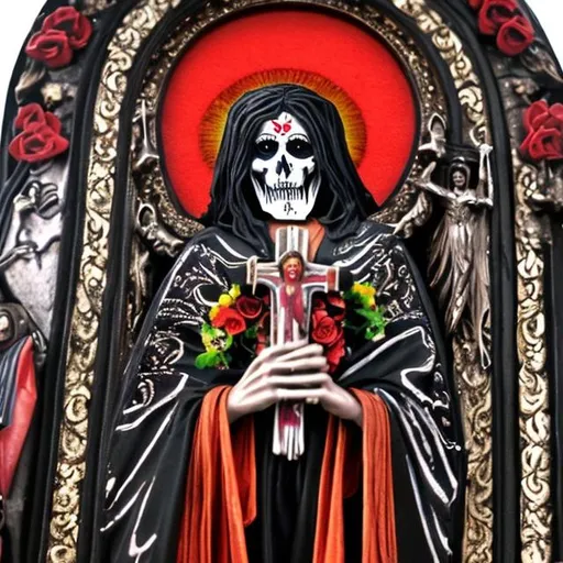 Prompt: Santa Muerte brings Jesus down from the Cross

