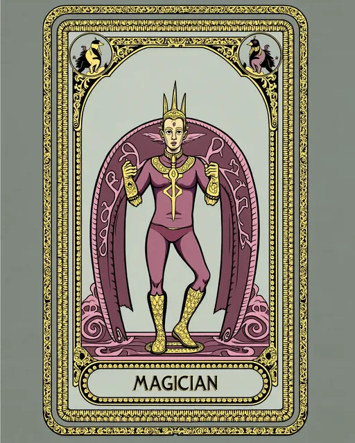 Prompt: The Magician card from tarot, classic card design, apotropaions, decorations, arabesques, curlicues, racemes, tendrils and other ornaments, John Walter