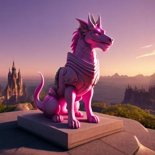 Prompt: CINMATIC FUTURISTIC portait FACE of a pinkish canine medieval dragon, STONE STATUE POSE, The overall aesthetic of the SCENE IS stylish and elegant, with a nod to vaporwave coloration and themes. 16K HDR