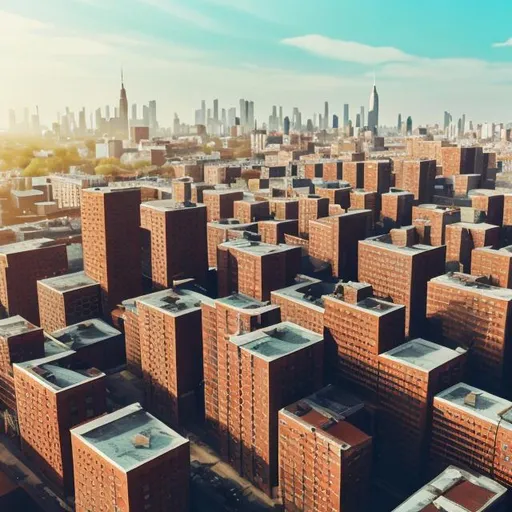 Prompt: 1970s tall 20 story brick buildings city background birds eye veiw Light blue sky nice weather city background realistic high quality 4k