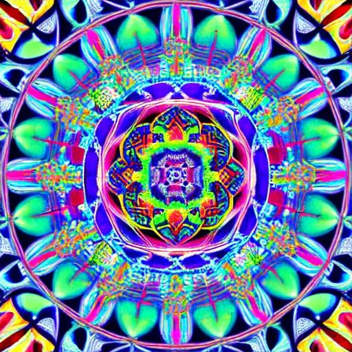Prompt: A high quality detailed mandala surrounded by 
Fractal imagery with neon colours 