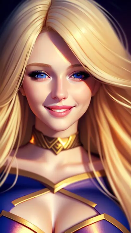 Prompt: A beautiful woman smiling, blond hair, Beautiful eyes, Beautiful lips, 8k, highly detailed, digital painting, soft lighting super girl, full body photo
