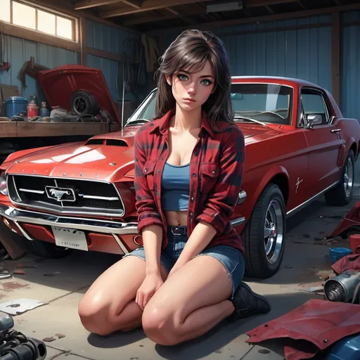 Prompt: Anime illustration of an attractive woman, wearing only an unbuttoned red flannel, sitting on floor of a messy garage, blue 1967 Ford Mustang coupe, detailed eyes, sleek design, urban setting, cool tones, professional, highres, ultra-detailed, anime, vintage, mechanic, detailed facial features, atmospheric lighting