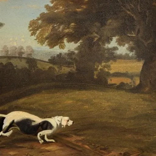 Prompt: Oily painting from 1760th  dog with white hair running near castle. Sun shining outside 