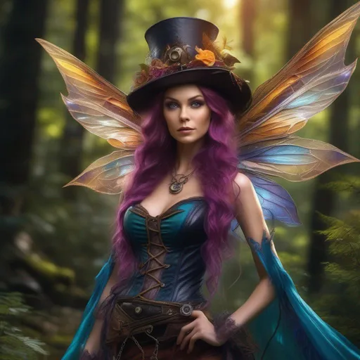 Prompt: Epic. Cinematic. Shes a (colorful), Steam Punk, gothic, witch. spectacular, Winged fairy, with a skimpy, (colorful), (gossamer), flowing outfit, standing in a forest by a village. ((Wide angle)). Detailed Illustration. 8k.  Full body in shot. Hyper real painting. Photo real. An (extremely beautiful), shapely, woman with, ((Anatomically real hands)), and (vivid), colorful, (bright eyes). A (pristine) Halloween night. (Concept style art). Rays of light. Lens flares. Celestial. 