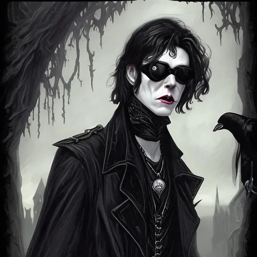 Prompt: Young Andrew Eldritch as a vampire with victorian sunglasses and a raven on his shoulder. Fantasy art. He is wearing a long black leather coat. Handsome. Fog in the background.