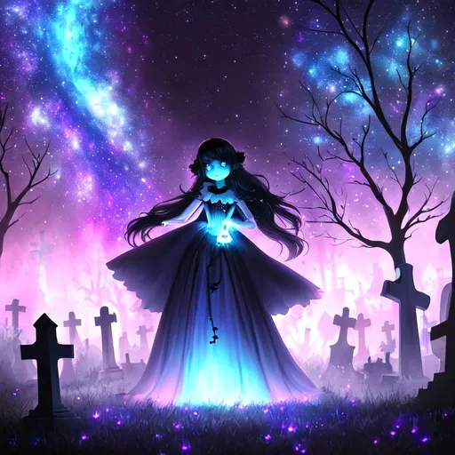 Prompt: Cute Pixar style painting, an adorable ghost woman, dressed in gothic clothing, graveyard, midnight, translucent skin,  floating, nebula, galaxy, stars, fireflies, glowing eyes, glowing, Graves, cemetery, soft light, 4k, beautiful , gravestones, crypt, dead trees, hill