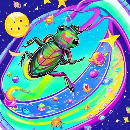 Prompt: Cute Water beetle going down a Water slide in outer space in the style of Lisa frank
