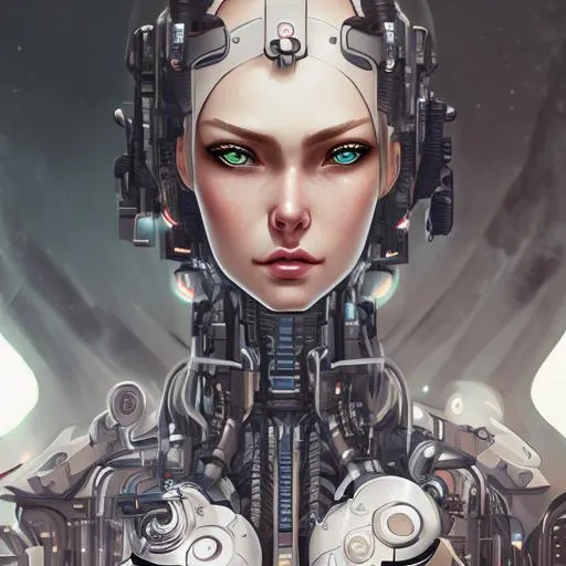 Prompt: Full body portrait of cyborg woman, big green eyes, eyecandy, symmetrical, anime wide eyes, soft lighting, detailed face, by makoto shinkai, stanley artgerm lau, wlop, rossdraws, concept art, digital painting, looking into camera
