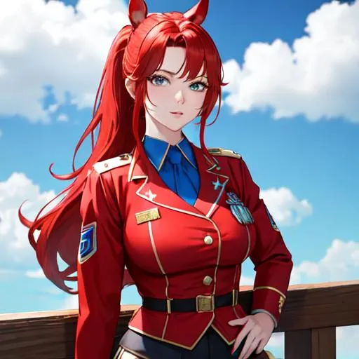 Prompt: Haley as a horse girl with bright red hair pulled back, wearing a blue police officer uniform, UHD, highly detailed