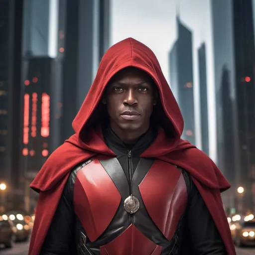 Prompt: a photo a (((powerful male dark-skinned bald Jedi))) dressed in an advanced ((red armor)) with (((black accents, a hood and a black cape))), standing confidently, directly facing the viewer on the street of a (bustling, futuristic metropolis) with distinctive, intricate skyscrapers looming in the background. with a (starry night backdrop)