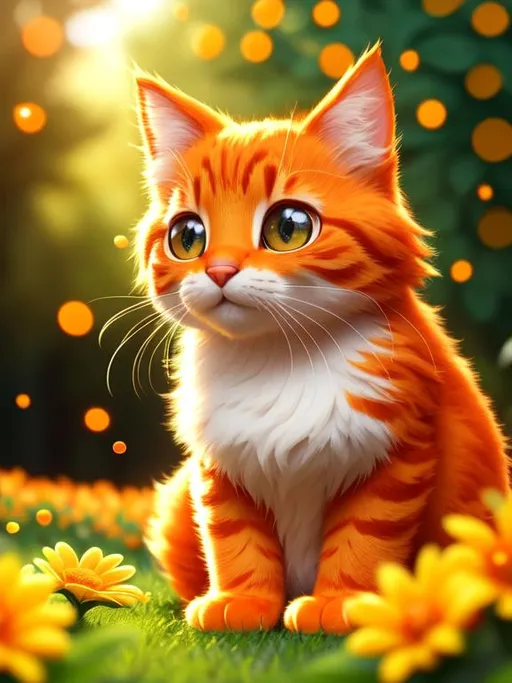 Prompt: Disney Pixar style cute orange cat, highly detailed, fluffy, intricate, big eyes, adorable, beautiful, soft dramatic lighting, light shafts, radiant, ultra high quality octane render, daytime forest background, field of flowers, bokeh, hypermaximalist