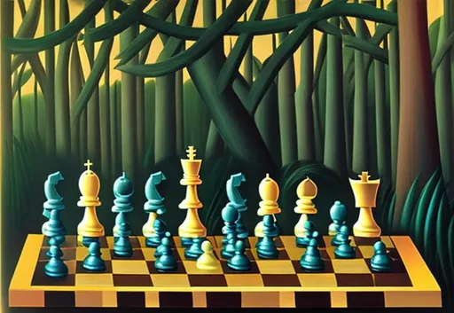 Prompt: Abstract chess pieces oil painting in style of henri Rousseau 