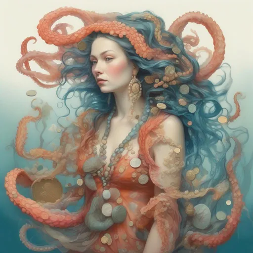 Prompt: A Beautiful and very colourful woman with tentacles for hair in a flowing soft dress made of kelp, scales, coins, pearls and coral, in a painted style