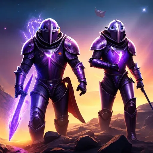 Prompt: Knights with helmets, purple light cracking through the helmets, standing in the void, black hole in the distance, High-res, Epic cinematic shot