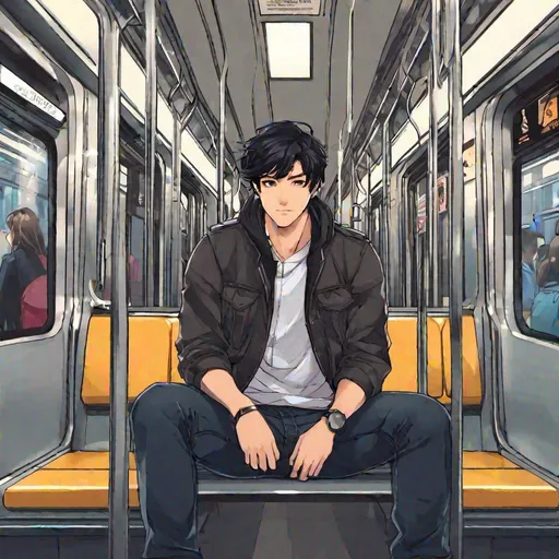 Prompt: Damien (male, short black hair) on the subway, casual outfit, baggy jeans, sitting on the metro, his arms at his sides, his hands next to him, looking into the camera, full body, long shot, front view