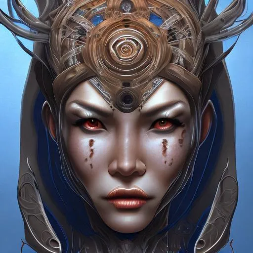 Prompt: Female cosmic horror. Symmetrical and stern features, tan skin, by  Jang Sung-Rak