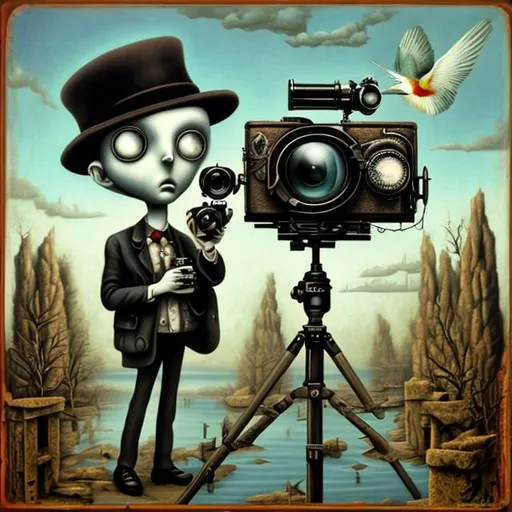 Prompt: birdwatcher with a camera, a surrealist painting by Mark Ryden, deviantart, pop surrealism, mark ryden in the style of, mark ryden style, mark ryden highly detailed