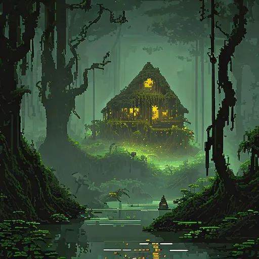 Prompt: : Reimagine the iconic Dagobah swamps from Star Wars in charming 8-bit pixel art, reminiscent of SNES graphics. Depict Yoda's hut nestled among the murky marshes on a rainy day. The color palette should be subdued, capturing the gloomy ambiance. Craft the details with pixel precision: the hut's shape, the vines crawling up its side, and raindrops falling from the gray skies. Incorporate small visual elements that tell a story, like a tiny silhouette of Yoda peering out. This nostalgic scene should evoke the sense of mystery and wisdom the location embodies.

For the actual pixel art creation, you might consider using graphic software specifically designed for pixel art, such as Aseprite or Piskel. Begin by setting up the canvas with a 16:9 aspect ratio and a limited color palette reminiscent of SNES games. Then, meticulously arrange the pixels to recreate the scene as described. Remember that pixel art often involves working with limited space and color choices to create a charming and nostalgic visual experience.




