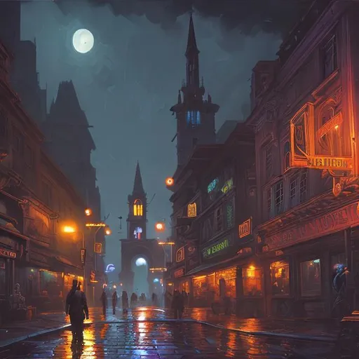 Prompt: man,museum 4k, Oil painting,Smooth lighting ,style of Ravenloft,art, in a city at night, bright neon lights.