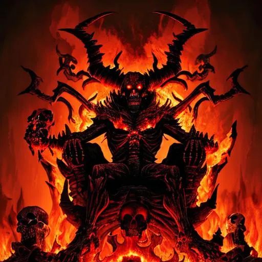 Prompt: Demon sitting atop a throne of bones and skulls, holding a skull, glowing red eyes, menacing, hellish environment, fire, lava