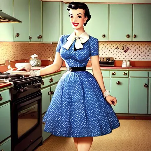 Prompt:  Elegance 2. 4. 4 Professional Full Body Photo, Full Shot, (beautiful 1950s housewife), (wearing vintage 1950s polkadot blue a-line dress), (aroused:1. 5), standing, (in kitchen of 1950s American house), pinup, perfect hands, (detailed facial features), (detailed skin, supple skin pores), long black hair with bangs in ponytail, large pearl necklace, (portrait), [smoke], [haze], natural lighting, shallow depth of field, photographed on a Canon EOS-1D X Mark III, 50mm lens, F/2. 8, (intricately detailed, hyperdetailed), ((RAW color)), sharp focus, HDR, 4k resolution, Cinematic film still from Mad Men