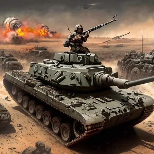Prompt: a glossy hard core tank with a long barall,glossy, realistick, with a army marine with a machine gun on top while in battle
