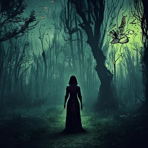 Prompt: Scary gothic woman far in the distance, walking through a dark enchanted forest lit up only by fireflies, night time, black and gold tint, fantasy style