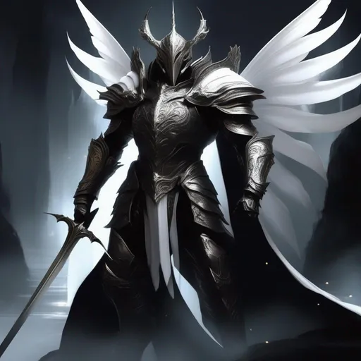 Prompt: Humanoid abyss humanoid creature, White shell over him, tall creature, smooth silhouette, wearing a monarch outfit with pure white armor over it, Skin of creature is dark, from hands coming out a Large blades, seems like kind of eldrich god of darkness, background is a dark pit with darkness but he is giving the light to the place,  full body beautiful ,Highly detailed face, close-up shot, full body shot, epic cinematic shot, professional digital art, high end digital art, singular, realistic, DeviantArt, artstation, Furaffinity, 8k HD render, epic lighting, depth