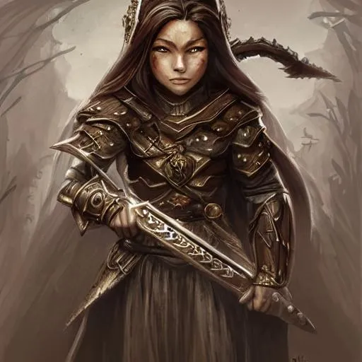 Prompt: Portrait, Female dnd gnome, carrying sword made of light, wearing intricate embossed metal armor, dark brown hair, brown eyes, d & d, fantasy, intricate, elegant, highly detailed, digital painting, artstation, centred, rule of thirds, concept art, matte, sharp focus, illustration, forrest background