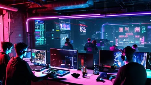 Prompt: picture of a cyberpunk gaming LAN with 20 people cosy, warm