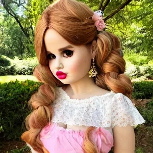 Prompt: Debby Ryan turned into a porcelain doll at a tea party with other dolls and a little girl.