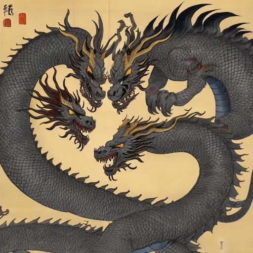 Prompt: a sun dragon fighting a moon dragon ancient chinese painting