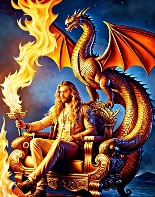 Prompt: An handsome angel with long wavy blonde hair sitting on a jeweled throne with a fire breathing dragon by his side, ultra detailed, highly detailed scenario , photorealistic detailed intricate masterpiece UHD HDR symmetric coherent epic hyperdetailed stunning beautiful