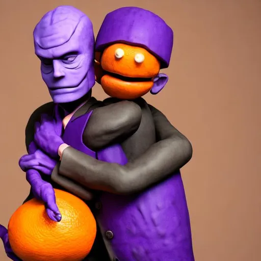 Prompt: purple man hugs an orange man