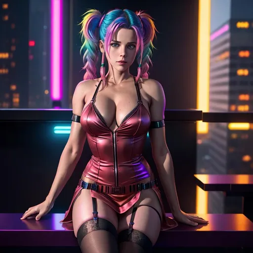 Prompt: Cyberpunk, Young Meg Ryan with pig tails in rainbow coloured hair, in a short red dress showing panties, sitting on a bar with garters and high heels on, 
raw photo, photorealistic, High Detail, dramatic, UHD, HDR raw photo, realistic, sharp focus, 8K high definition, insanely detailed, intricate, high quality, 