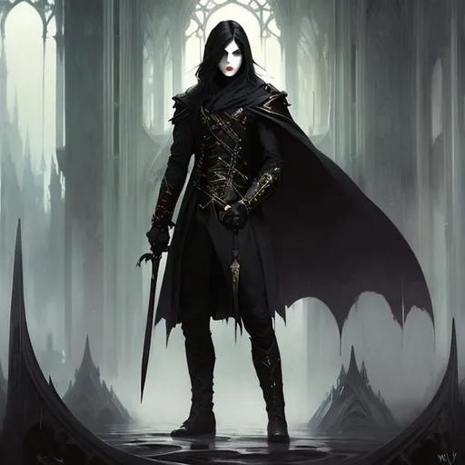 Prompt: Full body splash art of skinny male, vampire, androgynous, handsome, wavy white hair, very pale skin, red eyes, dark medieval victorian noble clothes, elegant, highly detailed, intricate, smooth, sharp focus, artstation, digital painting, concept art, art by greg rutkowski, alphonse mucha and John William Waterhouse, dark, eerie, gothic, creepy, romantic