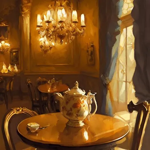 Prompt: Rococo style cafe late afternoon in a city. warm lighting.