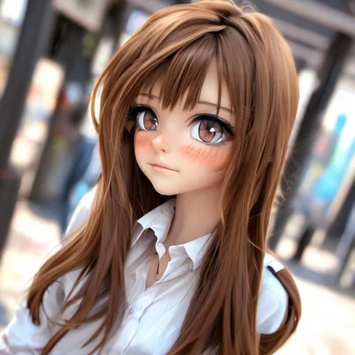 Prompt: A anime girl with brown hair with hazel eyes with y2k style clothes