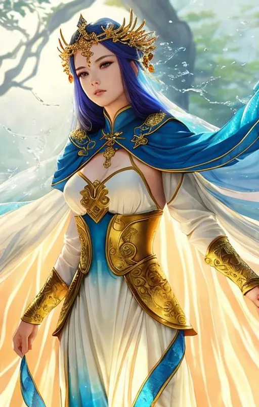 Prompt: she emperor wive with wu xia dress with blue fabric with vines emborder, soft lighting, beautiful detailed eyes, girl, perfect body, brave pose, seductive, lovely, tipsy, beautiful intricate hairs, pale skins, ember spark, water splash, busty, vortex, windy, symmetrical, full body, perfect composition, hyperrealistic, super detailed, 8k, high quality, trending art, trending on artstation, sharp focus, studio photo, intricate details, highly detailed, by Jørn Simensen