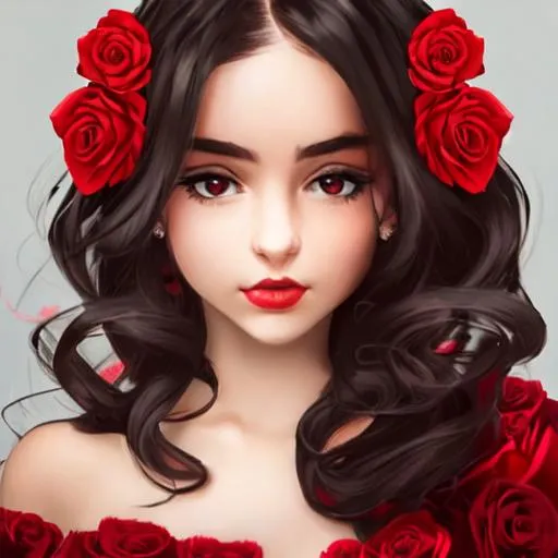 Prompt: Girl wearing red with roses in her hairlWith red roses