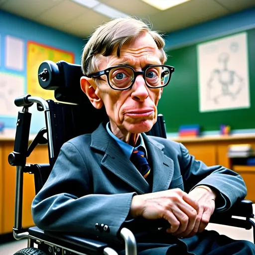 Prompt: A little person, style Looney Toons, Steven Hawking in his later years, sitting in his electric wheelchair, his head is tilted, he   is staring close up at the camera, detailed features, intense and curious gaze, high-resolution, photo realistic, surreal, vibrant colors, dramatic lighting, high detail features, professional, unique concept, background is a university classroom lab, scientific theme